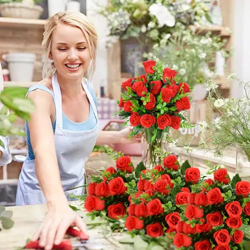 XONOR Artificial Rose Flowers - 4Bouquets Realistic Fake Silk Roses for Wedding Party Home Centerpieces Office DIY Cemetery Grave Decoration (Pack of 4, Red) - color: Red