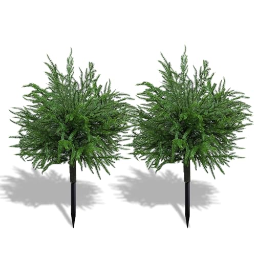 Bdor 24" Artificial Norfolk Pine Topiary Bush with Ground Stake, UV Resistant Fake Pine Shrubs for Outdoors, Weatherproof Faux Greenery Plants for Garden, Patio, Yard, 2 Pack - style: norfolk