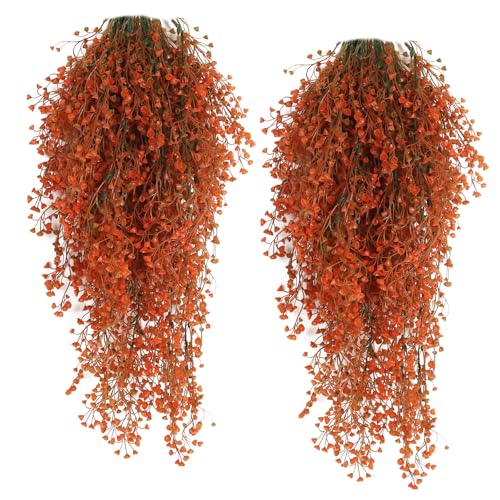 RECUTMS Fall Artificial Hanging Plants 4 Pcs Autumn Fake Ferns Artificial Plants Large Faux Hanging Plant Wall Thanksgiving Room Home Garden Wedding Party Indoor Outdoor Decor(Fall Orange) - color: Orange