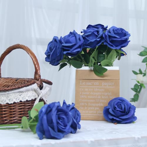 Felice Arts 12 Pack Royal Blue Artificial Flowers with Stems Silk Roses Fake Flowers Bouquet for Wedding Graduation Table Vase Home Kitchen Party DIY Decor - color: Royal Blue