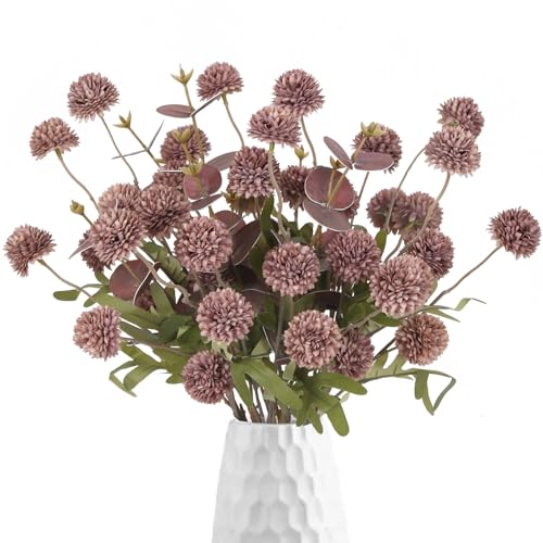 Faux Silk Pompom Mum Artificial Flowers,8 Stems Purple Fake Kiku Flower with 3 Branches Real Touch Eucalyptus Stems for Wedding Bouquet Home Party Floral Arrangements(Purple) - color: Purple