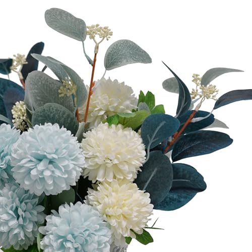 Artificial Flowers with Vase, Faux Flower Arrangement with Eucalyptus Leaves, Silk Hydrangea Table Centerpiece for Home Office Kitchen, Dining Room & Coffee Table Decor - color: White+blue