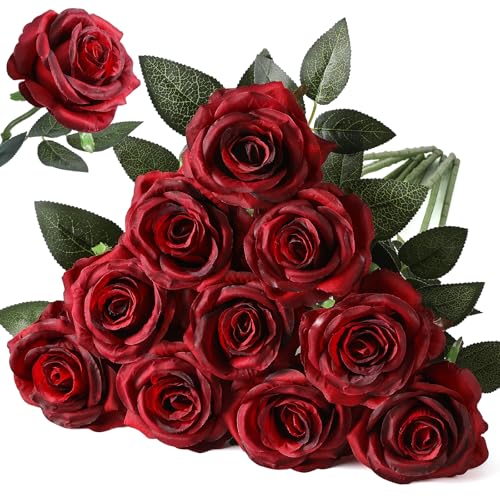 Nubry Artificial Silk Rose Flower, Mothers Day Rose Gifts for Mom, Bouquet Lifelike Fake Flowers for Wedding Home Party Decoration Event Gift 10pcs (Burgundy) - color: Gradient Wine Red
