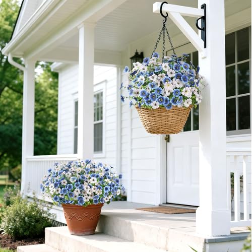 16 Bundles Artificial Flowers for Outdoors, Realistic Fake Silk Flowers for Outside, No Fade Faux Eucalyptus Plants for Outdoor Planter, Window Box, Hanging Basket - Porch Patio Garden Decor - color: White+blue, size: 16PCS