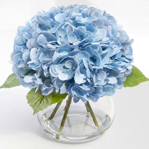 Hydrangea Artificial Flowers with Vase, Real Touch Latex Fake Hydrangeas Spring Stem Leaves Bouquet with Faux Water, Realistic Faux Flower for Home Office Bedroom Table Centerpiece Decor Blue - color: Blue
