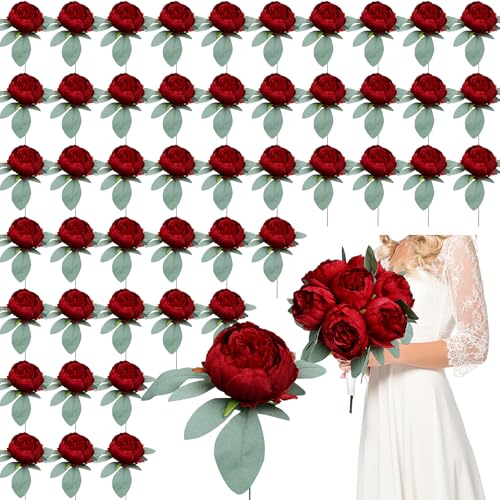50Pcs Artificial Peonies Flowers Bulk, 4’’ Burgundy Peonies Fake Flowers Heads for Table, Faux Silk Peony Arrangements for Wedding, Valentine, Engagement, Party, Coffee, Dining Decorations - color: Burgundy
