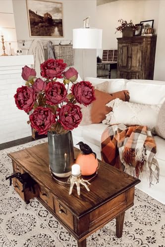 Briful Artificial Dried Look Fall Peony Flowers 3PCS 27.5in Tall Burgundy Vintage Silk Peony Bouquet Realistic Fake Peonies Floral Stems for Autumn Home Wedding Vase Centerpieces Arrangements Decor - color: Burgundy