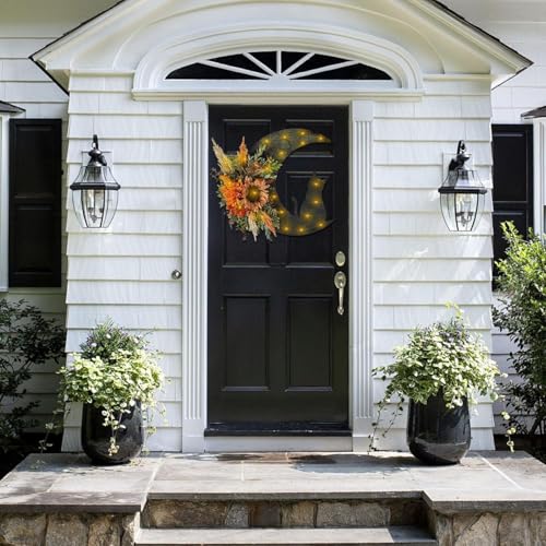Halloween Wreaths for Front Door, Flower Moon Cat Halloween Home Decoration, Family Gathering Decoration Wreath，Outdoor, Wall, Closet, Fence, Wreath Christmas (Sunflower) - color: Sunflower