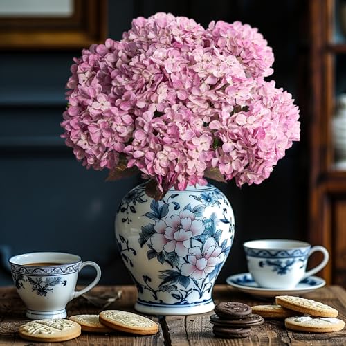 Artificial Flower Fake Silk Hydrangea Heads Bouquet with Stems Bulk for Fall Decoration Table Center Christmas Indoor Outdoor Faux Floral Realistic with Leaves Plants Crafts 8PCS(Pink) - color: Pink