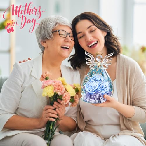 Beferr Gifts for Mom Birthday Gifts for Women, Fresh Flowers for Delivery Forever Preserved Rose in Glass Angel Figurine, Anniversary Christian Real Rose for Grandma Wife Mother from Daughter Son - color: K Light Blue