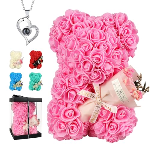 Mothers Day Rose Gifts for Mom Rose Bear Pink Teddy Bear Birthday Gifts for Women Wife Daughter Girlfriend,Flower Bear with Rose Bouquet and I Love You Necklace - color: Pink