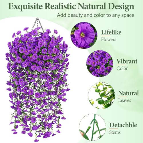 Artificial Flowers for Outdoors, Fake Hanging Flowers for Decoration, UV Resistant Artificial Outdoor Plants, 2 Pcs Artificial Petunias for Outdoors Garden Patio Porch Yard Decoration, Purple - color: Purple, size: 2 Pack