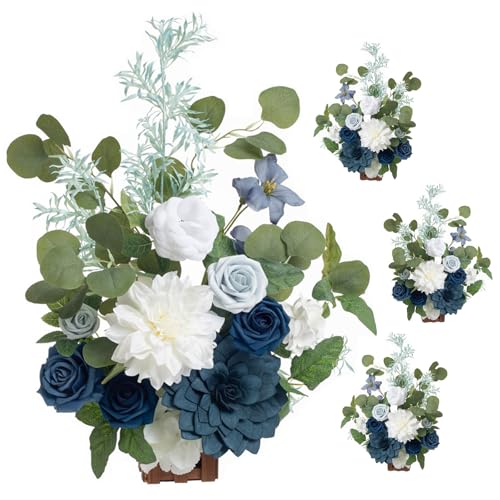 Ling's moment 17.5" Tall Standing Artificial Flowers Arrangements 4 pcs Wedding Aisle Runner Chair Decorations Dusty Blue Navy Centerpieces for Ceremony Reception Rose Floral Party Outdoor - color: Blu-dusty Blue & Navy Blue & White(2024)