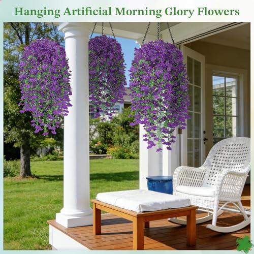 Artificial Hanging Flowers for Outdoors, 6Pcs UV Resistant Morning Glory Vines Fake Flowers with Eucalyptus, Realistic Silk Faux Hanging Plants Decor for Outside Planter Porch Patio (Purple) - color: Purple