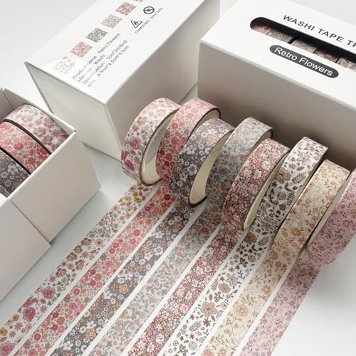 Vintage Washi Tape Set 8 Rolls Thin Retro Decorative Antique Patterns Masking Tapes for Arts, DIY Crafts, Journals, Planners, Scrapbook, Wrapping (Little Flowers) - color: Little Flowers