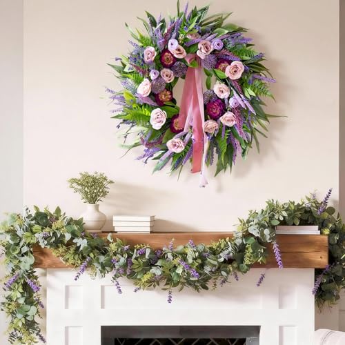 Spring Wreaths for Front Door 24 Inch Luxury Lavender Summer Wreath with Pink Ribbon,Artificial Peony & Rose Spring Door Wreath for Farmhouse Home Wall Porch Window Seasonal Display - color: Lavender