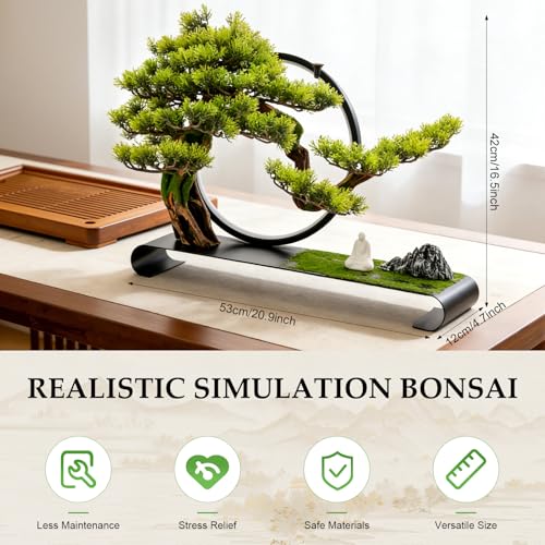 Artificial Bonsai Pine Tree Faux Realistic Simulation Bonsai with Adjustable LED Light, 20.9 * 4.7 * 16.5in USB Artificial Plants Fake Bonsai Tree Welcome Pine Faux for Home Decor