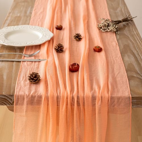 Keketoarrange Fresh Salmon Cheesecloth Table Runner Boho Decor Peach Echo Gauze 120 Inch 10 FT Boho Table Runner for Wedding Baby Shower Bridal Shower Party Sheer Centerpiece Summer Home Decorations - color: Coral Peach, size: 35"x120"(Pack of 1)