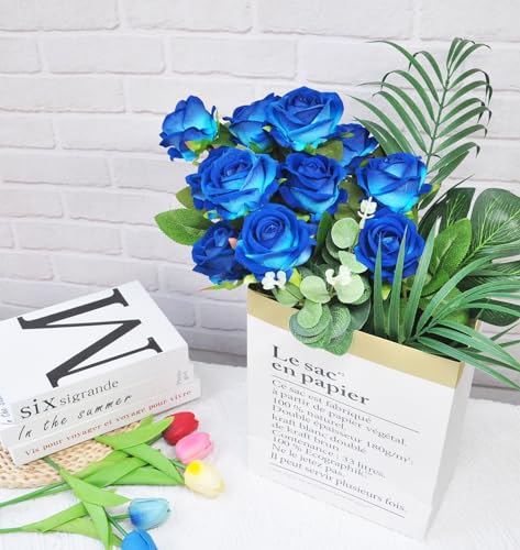 Kenpal Realistic Fake Roses Artificial Flowers with Stem for Decoration Floral Arrangement Centerpieces Wedding Bouquets (10, Blue) - color: Blue