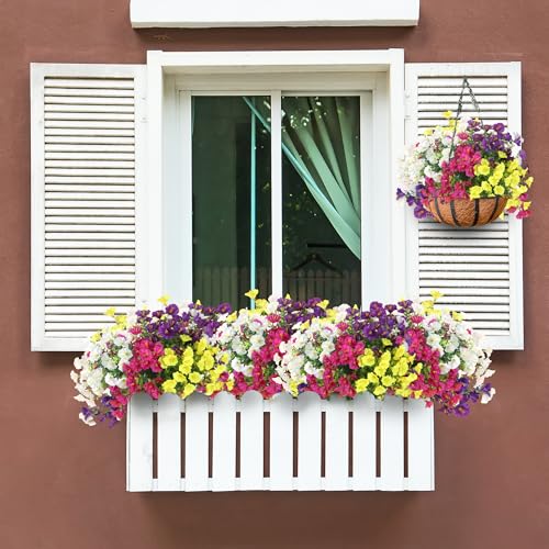 Artificial Flowers for Outdoors 12 Bundles Realistic Faux Plants UV Resistant Fake Silk Morning Glory with Eucalyptus for Front Door Planter Patio Porch Spring Summer Decoration (4 Mixed Color) - color: Mixed 4 Color