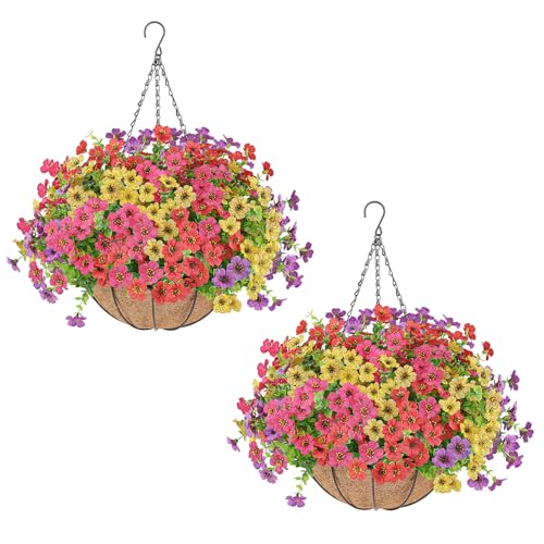 AGIRL 2 Set Artificial Hanging Flowers with Baskets for Outdoors,UV Resistant Fake Hanging Plants for Outdoor Porch Patio Garden, Realistic Silk Flowers for Spring Summer Home Decor - color: Multi Color, size: 2PCS