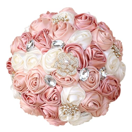 Blush Pink and Ivory Bridal Wedding Bouquet with Gold Brooch Bling Rhinestone Bouquet for Bride Bridesmaid Quinceanera Satin Dusty Rose Flower Bouquet Wedding Blush Pink and Ivory 8.7in - color: Blush, Pink & Ivory(gold Brooch), size: Diameter: 8.7 inches