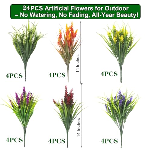 Grunyia Artificial Lavender Plants with Mixed Color Flowers, 20 Bundles, Outdoor Decorative Grass - color: 6 Color Mix
