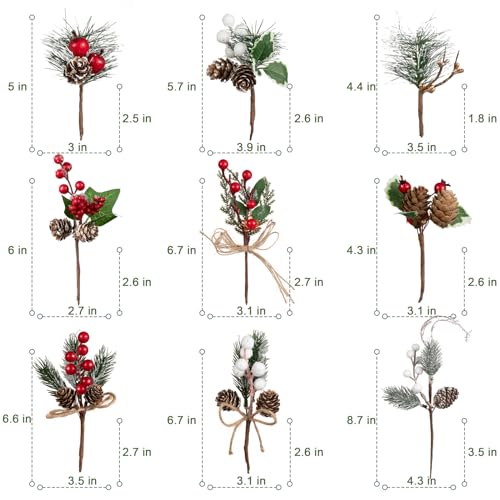 Crafare 15 Pack Small Christmas Picks Assorted Size Red Berry Picks Stems with Pinecones for Christmas Holiday Floral Arrangement Winter Holiday Season Decoration - size: 5in-9in berry stem picks