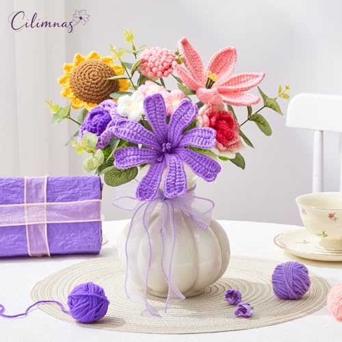 Crochet Flower Bouquet,Pink&Purple Knitted Flowers, Handmade Lily Sunflowers Roses Bouquet for Birthday Anniversary Party Mother's Day Graduation Gifts - color: Purple&pink
