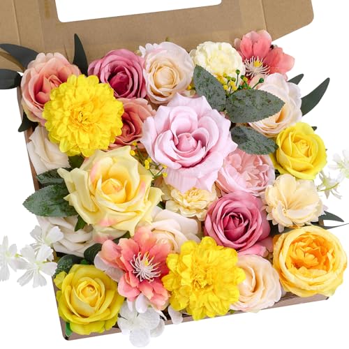 Yellow Pink Flowers Artificial Roses Combo Set Fake Pink Silk Flowers Faux Peony Flowers Mix Dahlia with Stems for Wedding Bouquets Baby Bridal Shower Party Floral Arrangements Decor - color: Pink Yellow, size: The Modern Classic