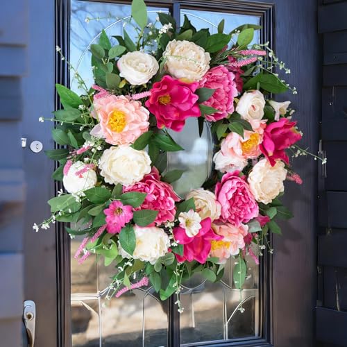 24 Inch Spring Wreaths for Front Door Outside,Artificial Silk Peony Rose Magnolia Spring Summer Wreath with Lavender Greenery | Luxury Summer Wreaths for Front Door-Indoor Outdoor Wreath Decor - color: White Pink Peony