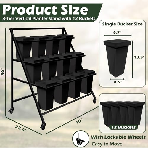 PROLEE Flower Display Stand with 12 Buckets, Flower Cart 3 Layers, Flower Stand Metal with Wheels, Moving Florist Bouquet Shelf, Triangular Rack Black - color: Black