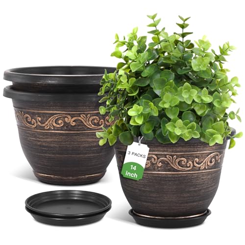 Plastic-Plant-Flower-Planters-14 Inch With Drainage Hole & Saucer, 3 Packs Lightweight Large Resin Flower Pot Indoor Outdoor, Retro Antique Imitation Decorative Garden Containers Sets For Houseplants - color: 3 Pack-14 Inch
