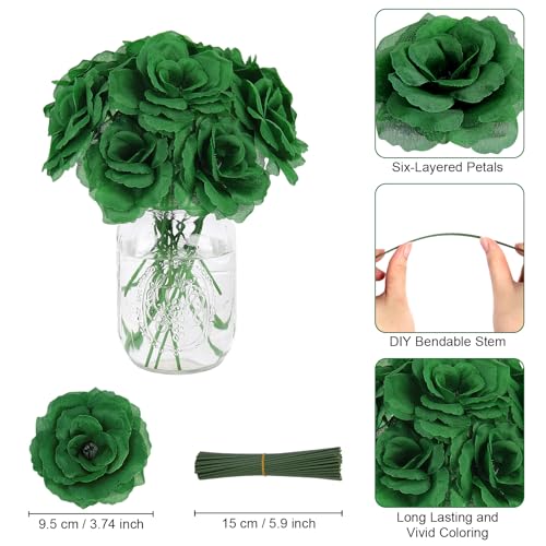 LELEE Rose Head Flowers with Stem - 108pcs Emerald Green Rose Artificial Flowers Bulk - Silk Roses Fake Flower for Wedding Bouquet Party Home Decor DIY Centerpieces Tables St Patrick's Day Decoration - color: Green