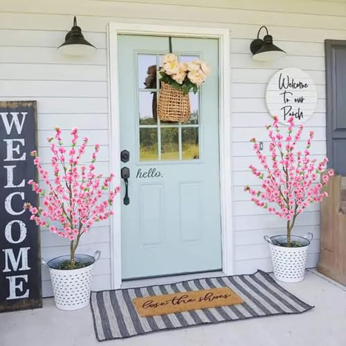 HUAESIN 4.4Ft 2 Pack Artificial Cherry Blossom Tree Tall Fake Plant Tree Pink Sakura Flower Tree Faux Potted Silk Plant for Spring Home Room Porch Office Wedding Indoor Outdoor Decorations - color: Pink 2pcs