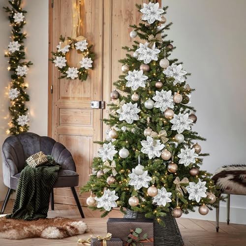 SITUMEIZI 24 Pcs Sliver Christmas Ornament Glitter Poinsettia Artificial Flowers 5.5" with Clips Fake Christmas Ornaments Xmas Tree Wreath New Year Decorations - color: Silver