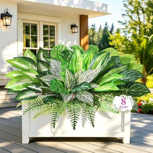 Livole Artificial Plants Outdoor, Artificial Greenery Fake Plants | Large 8pcs, UV Resistant, Realistic, Large Bunches Faux Plants for Porch Patio Garden Spring Summer Home Decor - size: 8 Pcs