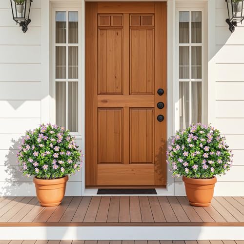 Goplus 21.5'' Artificial Boxwood Topiary Ball Tree, Set of 2 Faux Potted Plants Artificial Shrubs Bushes with Flowers, Fake Evergreen Artificial Topiary for Indoor Outdoor Home Front Porch Decor - color: Purple