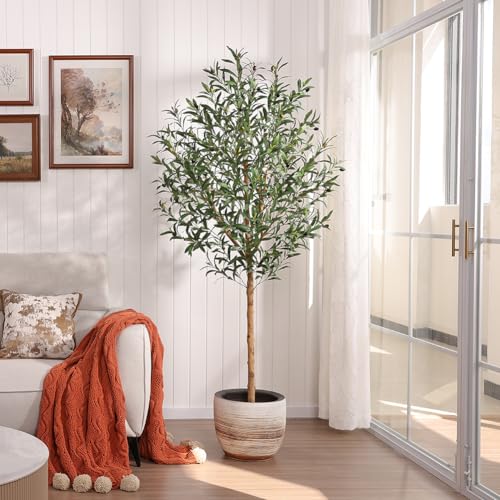 VeriNatural Artificial Olive Tree 6ft–Faux Plants Indoor Fake Tree with High Leaf Density,Silk Leaves,Real Wood Trunk–Large Green Artificial Plant Decor for Home Living Room Office,VN356 - size: 6ft