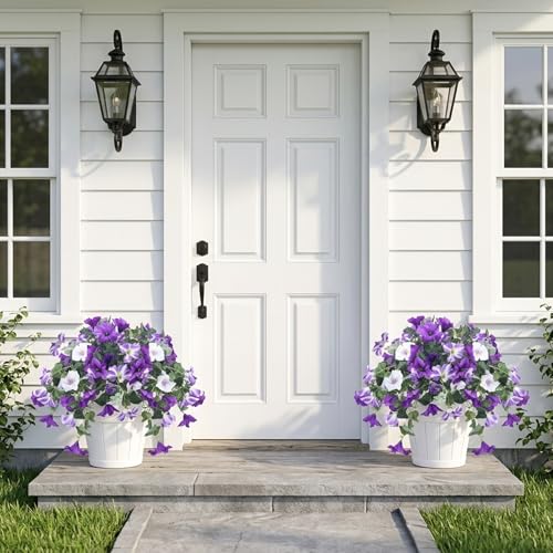 CEWOR 4pcs Artificial Flowers Plants for Outdoor Indoor, Fake Silk Flowers UV Resistant Faux Petunias Flower for Garden Front Door Porch Planter Patio Home Decor (Purple White) - color: Purple & White Morning Glory