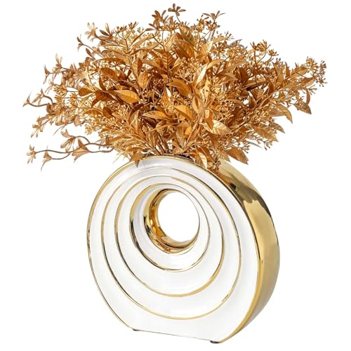 Ceramic Flower Vase for Home Decor, 9.4in White and Gold Vase, Modern Minimalist Decorative Vase, Hollow Vases for Centerpiece, Tabletop Decor, Coffee Table Vase, Entryway Table Decor - size: 9.4 inch