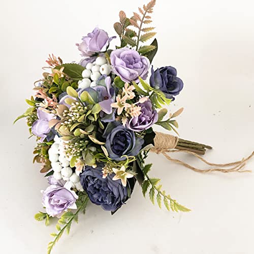 Wedding Bouquets for Bride Bridal Bouquets Artificial Peony Rose Berry Flowers Bouquet for Wedding Gifts Home Decoration (Purple and Blue) - color: Purple and Blue