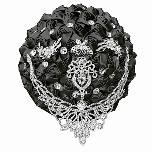 XINNI Brooch Bridal Wedding Bouquet Bride Bridesmaids Satin Rose Flower Bouquet with Bling Drop-Shaped Rhinestone for Wedding Black - color: Black