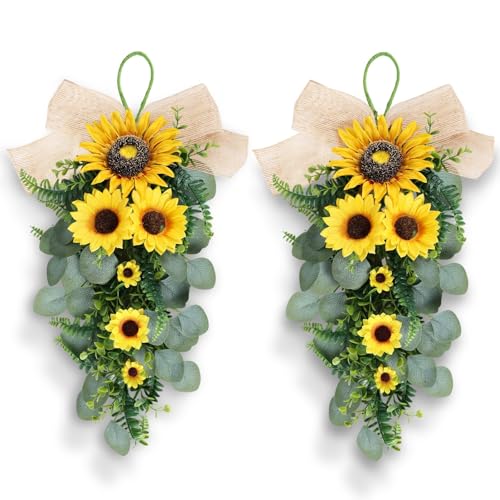 24in Artificial Sunflowers Teardrop Swag Spring Summer Sunflowers Floral Swag Wreath with Burlap Bow Fake Yellow Sunflower Garland for Front Door Indoor Outdoor Window Home Decor - color: Sunflower Swag