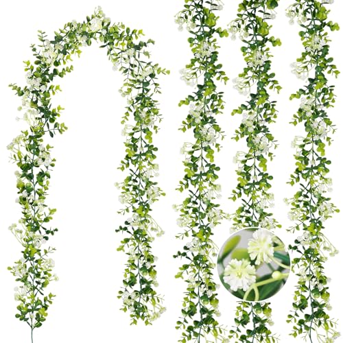 6FT Eucalyptus Garland with Flowers, 4 Pack Greenery Hanging Summer Eucalyptus Garland Suitable for Table Wedding Backdrop Arch Wall Party Thanksgiving UV Protected Indoor Outdoor Decorations - size: 4 Pack