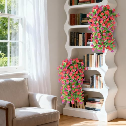 Artificial Fake Hanging Flowers for Outdoors, 2 Pcs Artificial Hanging Plants Outdoors Spring Summer Decor, UV Resistant Faux Violet Silk Flowers for Planters Front Door Yard Garden(Pink Rose Red) - color: Pink Rose Red