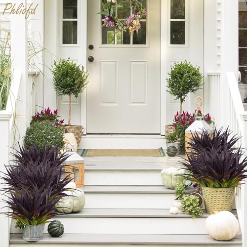 32 Pcs Artificial Grass Fake Grass Plants 17.3in Outdoor Plants UV Resistant Faux Greenery Stems for Home Window Garden Office Patio Pathway Front Porch Halloween Décor Light Green & Purple - color: Light Green & Purple, size: 32 Pcs