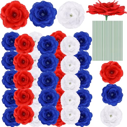 Yunlly 100 Pcs Artificial Flowers Fake Silk Roses Long Stem Rose Bouquet Wedding Party Home Decor for DIY Baby Shower Centerpieces Tables Home Decorations(Blue, White,Red) - color: Blue, White, Red