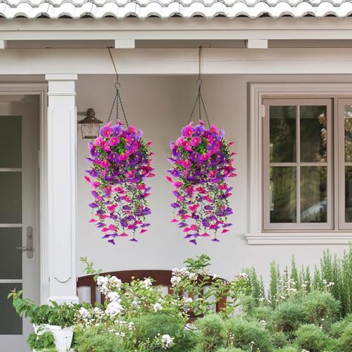 4PCS Artificial Morning Glory Vines Summer Hanging Flowers for Outdoor with Eucalyptus Leaf, Silk Flowers for Outside Home Garden Patio Decor - color: Green,fuchsia,rose Red,purple