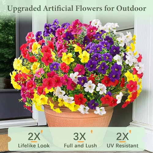 Artificial Flowers for Outdoors, 12 Bundles Mixed Color Artificial Petunias Fake Flowers for Outside, UV Resistant Realistic Silk Flowers for Decorations, Outdoor Faux Flowers Plants for Garden Porch - color: Mixed 6 Colors, size: 12 Pack